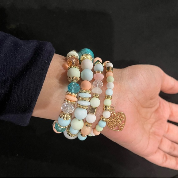 Beaded bracelet charm stretch set beads blue boho bohemian - Picture 5 of 5